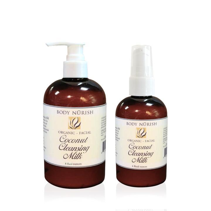 Two bottles of Body Nurish Coconut Cleansing Milk a 4 oz. and 8 oz. bottle in front of white background