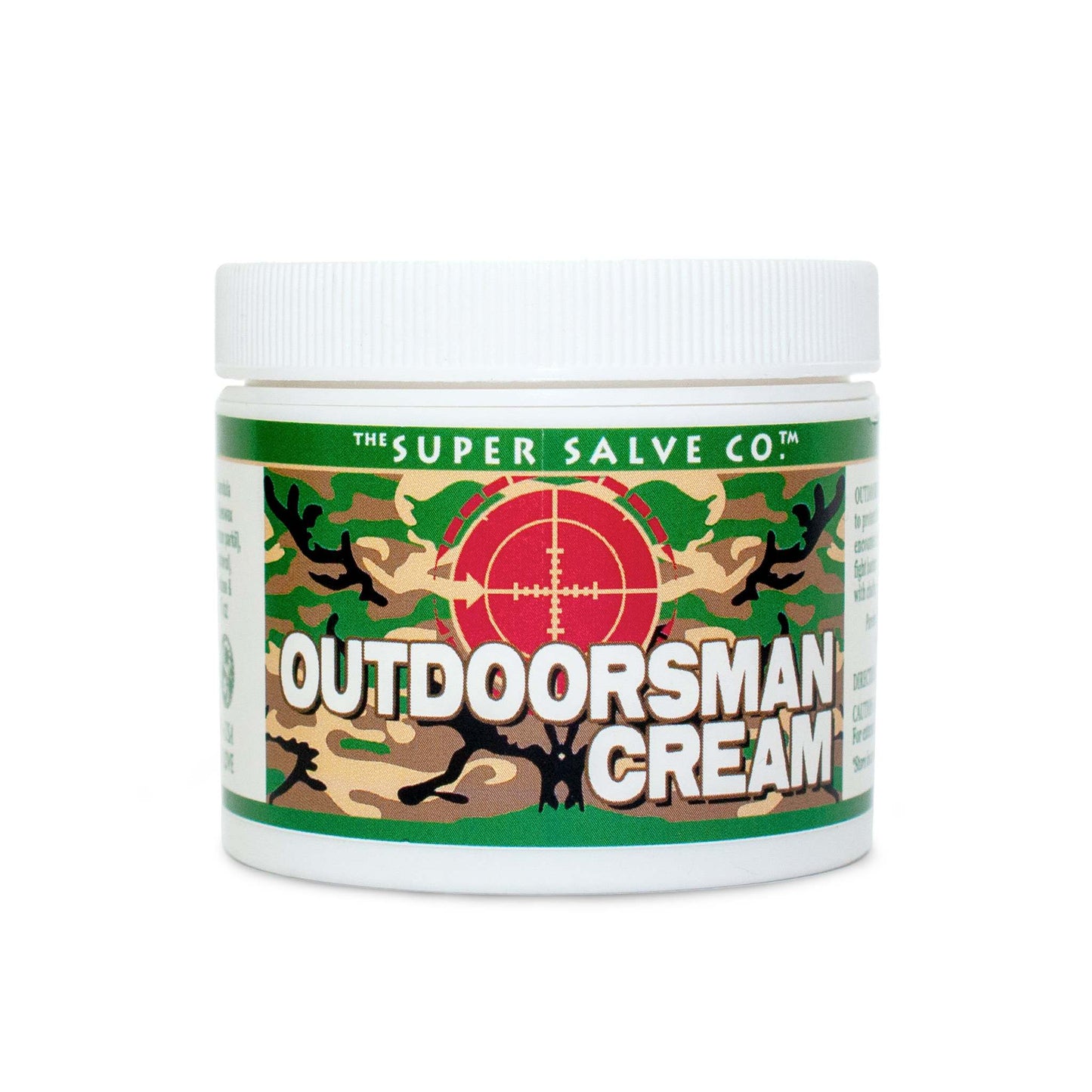 A 6 oz. container of The Super Salve Company's Outdoorsman Cream, created for hunters by hunters, is seen against a white background at Winter Sun Trading Co.