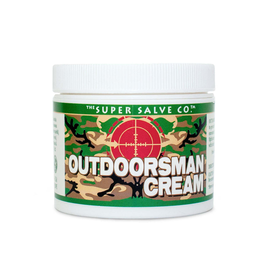 A 6 oz. container of The Super Salve Company's Outdoorsman Cream, created for hunters by hunters,  is seen against a white background at Winter Sun Trading Co.