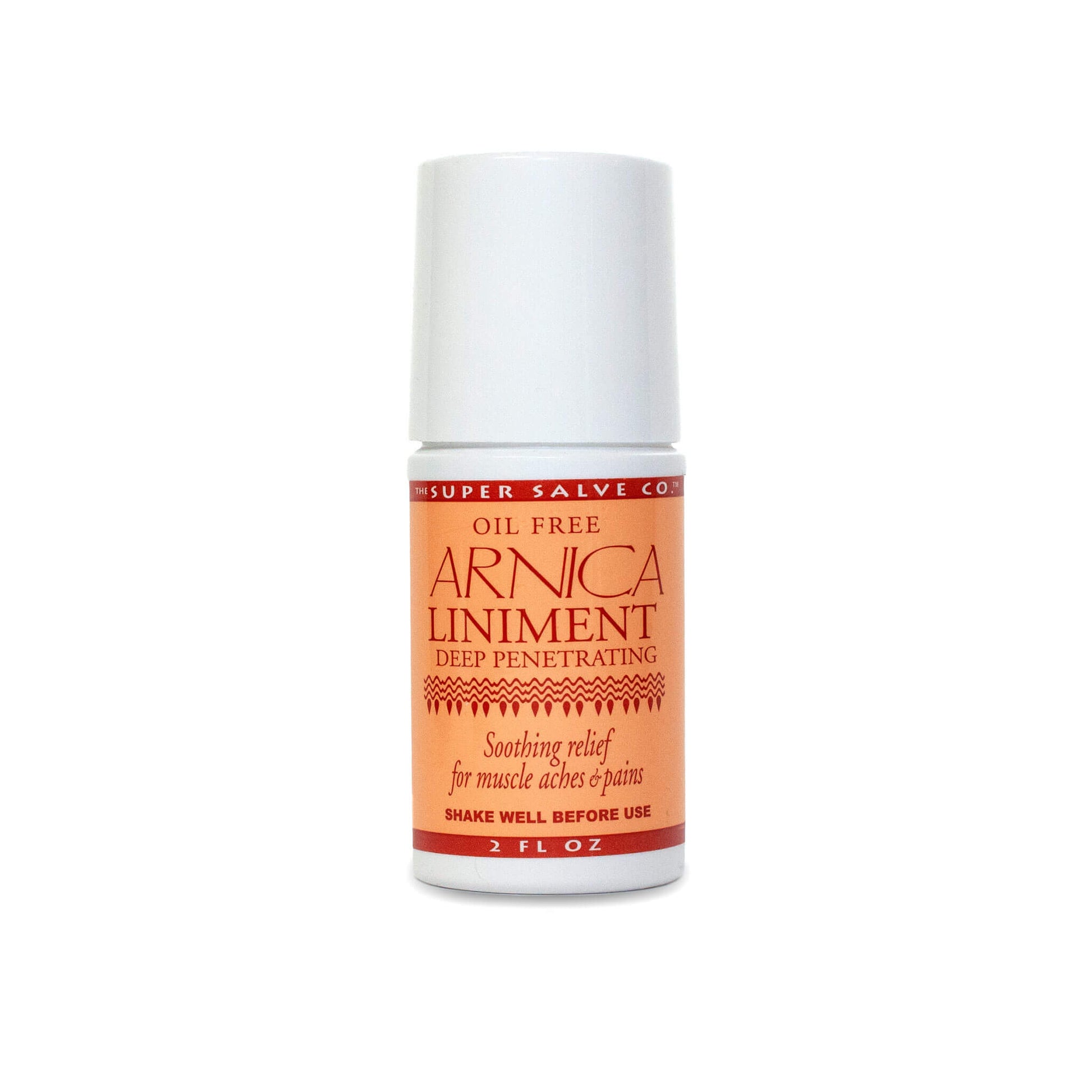 A 2 oz. roll-on bottle of Super Salve Co. Arnica Liniment for soothing muscle aches and pains is seen against a white backdrop at Winter Sun Trading Co.