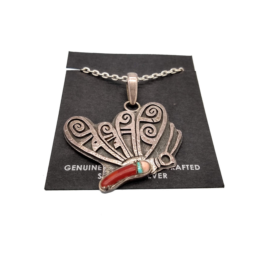Gorgeous Hopi Overlay Butterfly Pendant with Coral Turquoise and Shell