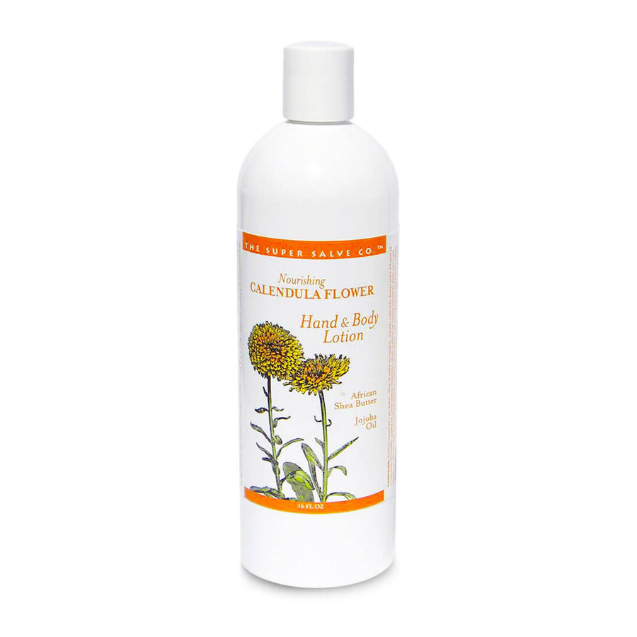 A 16 oz. bottle of Calendula Flower Lotion for Hand and Body by The Super Salve Co. stands against a white background at Winter Sun Trading Co.