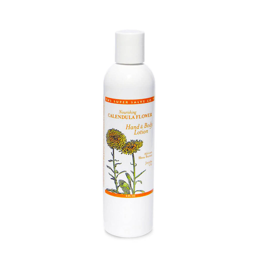 An 8 oz. bottle of Calendula Flower Lotion for Hand and Body by The Super Salve Co. stands against a white background at Winter Sun Trading Co.