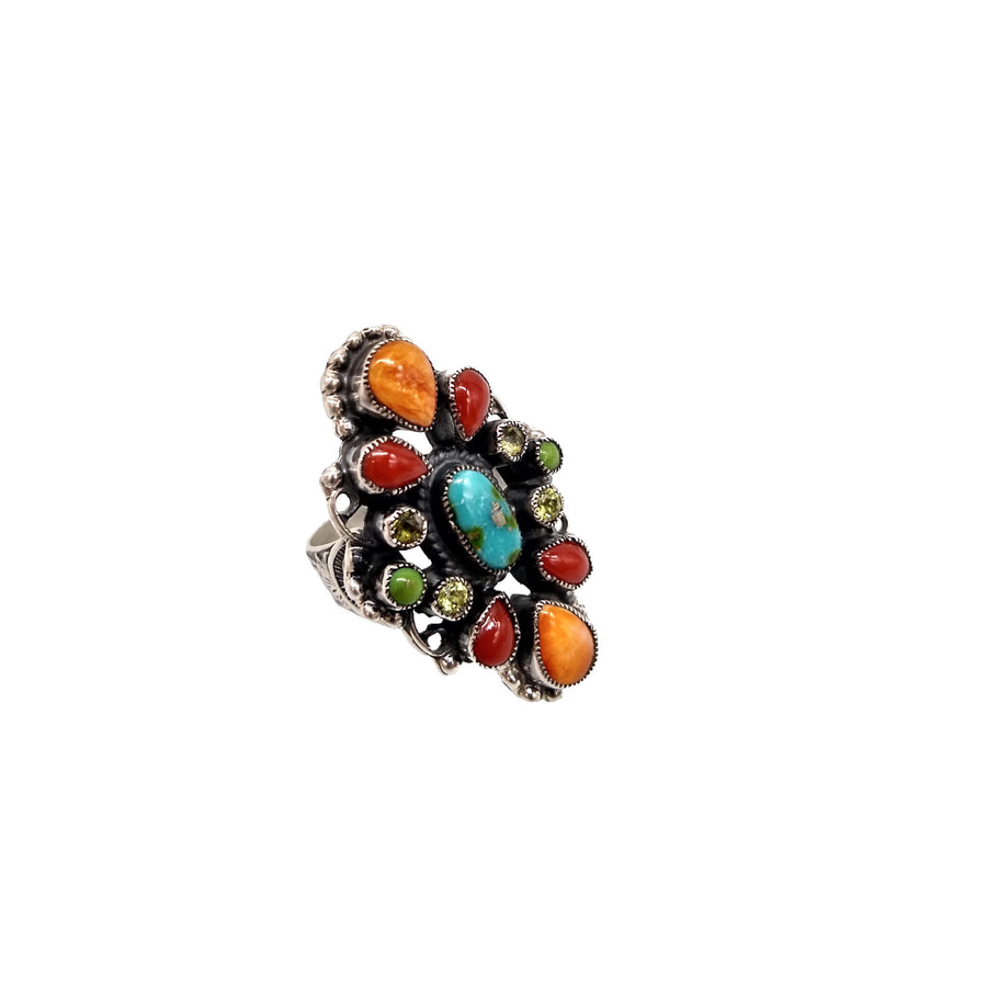 Stunning Turquoise, Coral, Spiny Oyster, and Peridot Ring