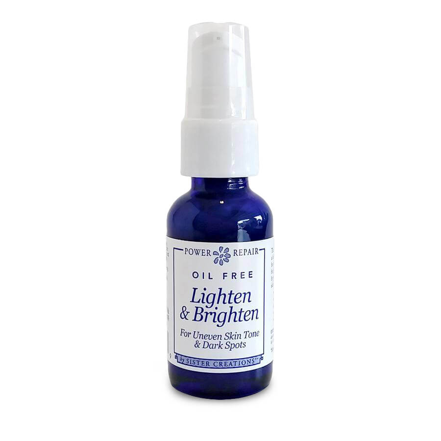A 1 oz. bottle of Power Repair Lighten and Brighten by Sister Creations is seen against a white background at Winter Sun Trading Co.