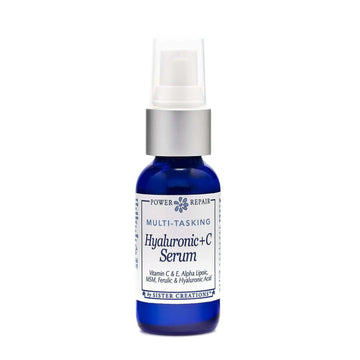 A blue 1 ounce pump bottle of Power Repair Multi-Tasking Hyaluronic + C Serum by Sister Creations is seen against a white background