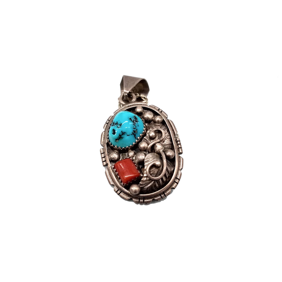 Vintage Sterling Silver Turquoise Coral Pendant