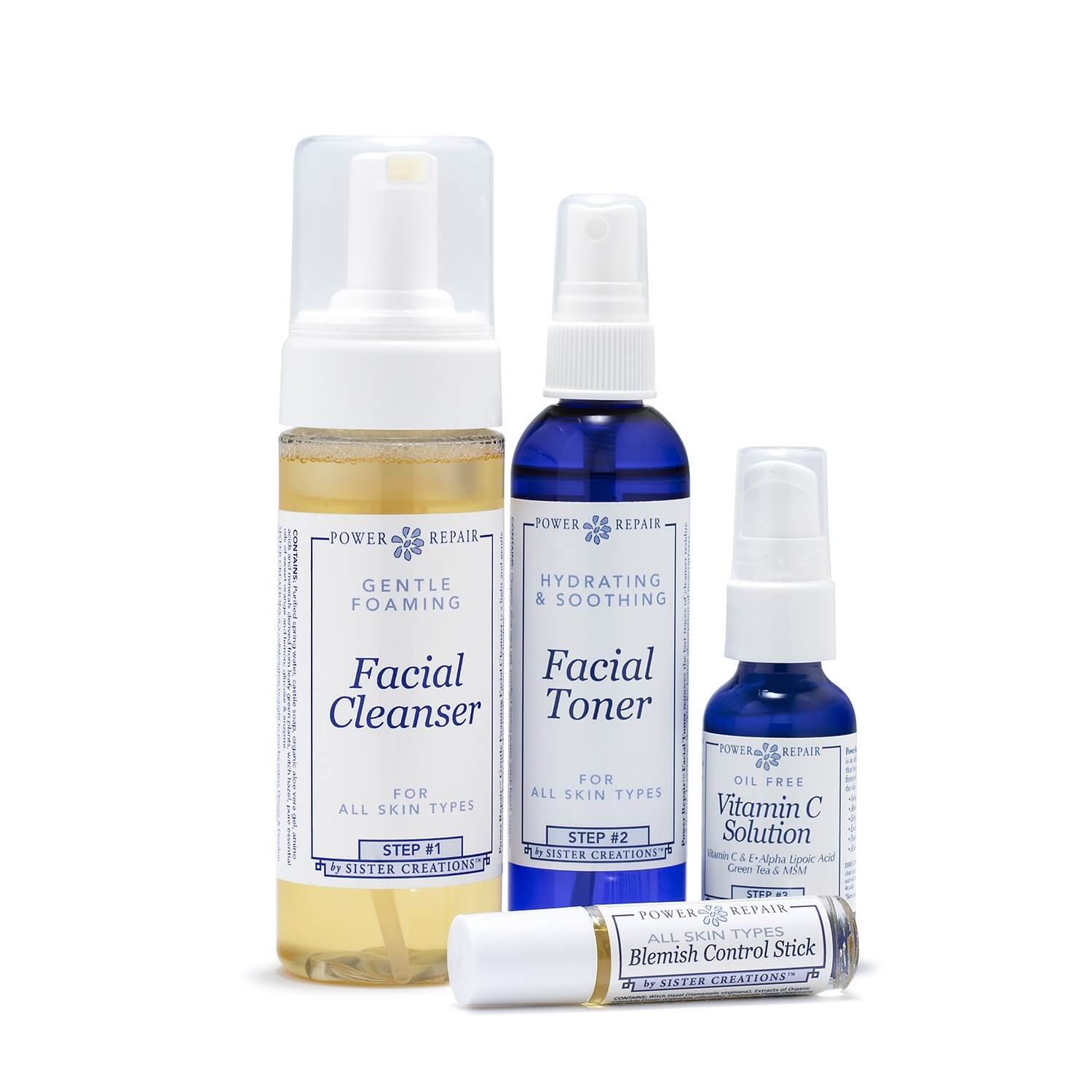 Power Repair Blemish stick with Power Repair Facial Cleanser, Power Repair Facial toner, and Power Repair Vitamin C Sotution